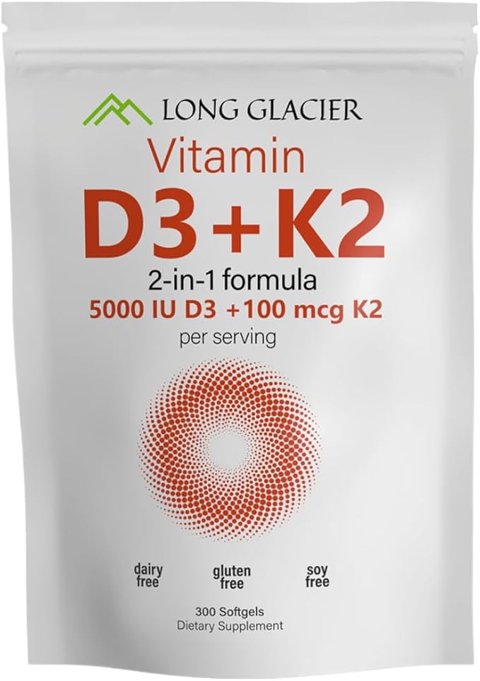 D3 5000 IU with K2 100 mcg, 300 SoftGels | D3 + K2 Supplement to Support Immune, Heart, Joint, Teeth and Bone Health | 300 Day Supply, Easy to Swallow