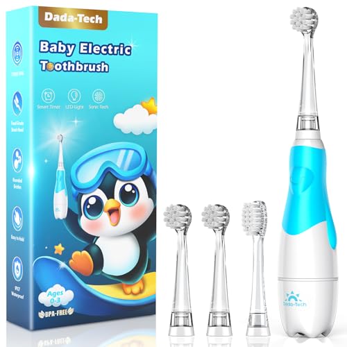 DADA-TECH Toddler Electric Toothbrush Kids Age 1-2-3 Years Old, Baby Electric Toothbrush with LED Light 2 Minutes Timer 4 Vibrating Heads for Infants Toothbrush 6 to 12 Months and Up (Blue)