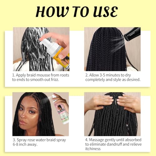 Braid Foam Control Mousse Hair Braiding Mousse for Twist, Locs, Braids Lightweight - Braid Spray Rose Mint for Dreads, Dreadlocks, Locks Spray Rose Water for Itchy Scalp (2PCS)