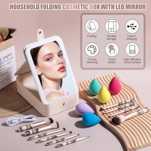 BS-MALL large Led Makeup Mirror Case Travel Makeup Brushes Set 15 Pcs – LED Light Mirror with Makeup Sponge for Enhanced Beauty Routine Desk Stand Led Mirror