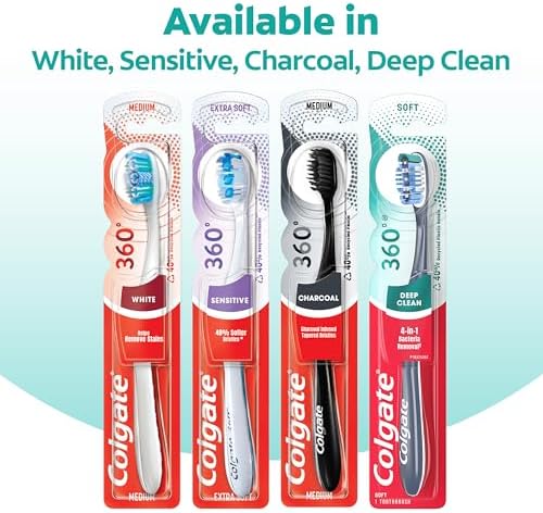 Colgate 360 Whole Mouth Toothbrush, Adult Soft Toothbrush With Tapered Bristles, Features Tongue Cleaner and Ergonomic Handle, Helps Whiten Teeth and Removes Bacteria, 4 Pack