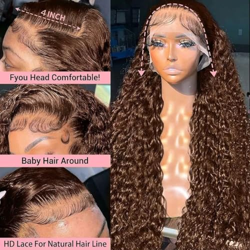 Chocolate Brown HD Lace Front Wigs Human Hair 180% Density 13x4 Water Curly Lace Front Wigs Human Hair Pre Plucked Glueless Wigs Human Hair for Black Women (20Inch, Brown)