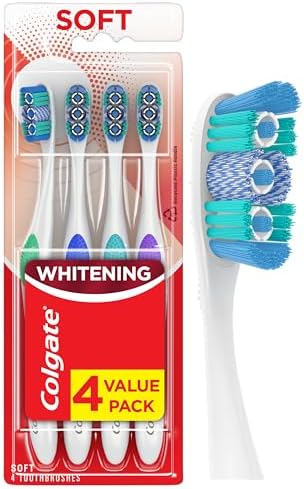 Colgate 360 Optic White Whitening Toothbrush, Adult Soft Toothbrush with Whitening Cups, Helps Whiten Teeth and Removes Odor Causing Bacteria, 4 Pack