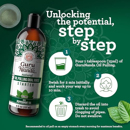 GuruNanda Starter Pulling Oil Mouthwash for Natural Teeth Whitening, Coconut and Peppermint Oil for Fresh Breath & Happy Gums, Alcohol-Free, 8 Oz