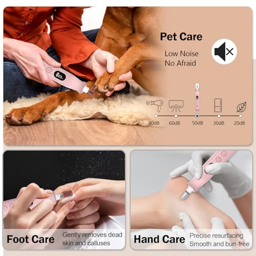 Cordless Electric Nail File Set, 10 Speeds Professional Manicure Pedicure Kit with LED Light, Portable Nail Drill for Natural & Acrylic Nails, Human & Pet Thick Toenails, w 120*Sanding Bands (Pink)