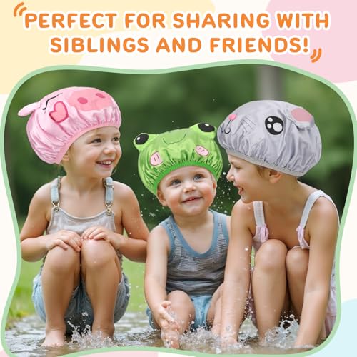 kilofly 4pc Fun Cute Animal Shower Caps for Kids Reusable Waterproof Bath Hat Set