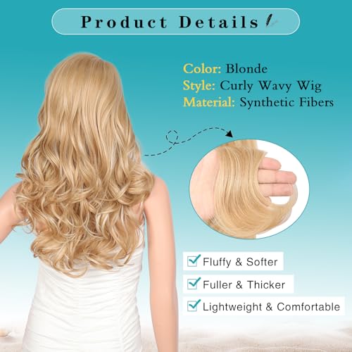 Kalyss Blonde Wig With Bangs Long Blonde Curly Wigs for Women Heat Resistant Synthetic Hair Wavy Blonde Highlights Wigs for Women 22 Inches