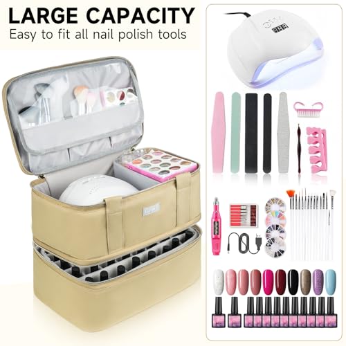 LEFORZ Nail Care Organizer, Double-Layer Nail Polish Organizer and Storage, Khaki, 40 Bottles (15ml-0.5 fl.oz) and Nail Lamp, Portable Nail Polish Holder