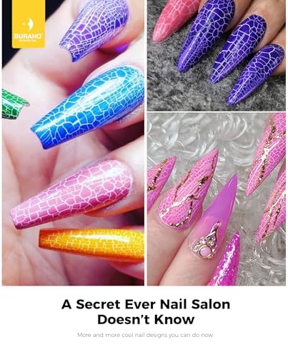 BURANO Crackle Gel Nail Polish Set - 7 Colors + White, Super Easy Cracked Nail Polish, Air Dry & UV Lamp Needed
