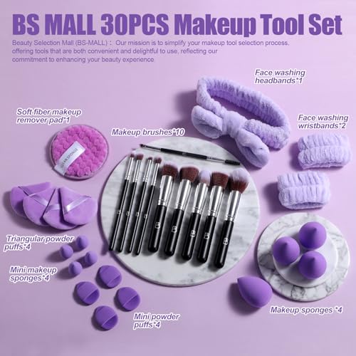 BS-MALL Makeup Brushes Set 30 Pcs – Including Face Washing Puffs, Blush Powder Bronzer Foundation Eyeshadow Concealer Brushes, and Mini Makeup Sponge Makeup Sponges Set (Black)