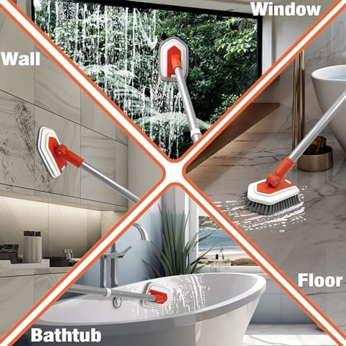 JEHONN Shower Cleaning Brush, Tub Tile Scrubber with Telescopic 51 inches Long Handle, 4 Scrub Heads for Bathroom Bathtub Floor Baseboard Sink Toilet