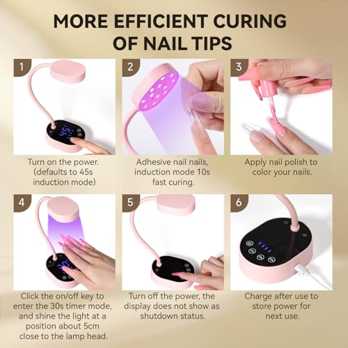 AORAEM UV Nail Lamp, Gooseneck Mini U V Light for Gel Nails, 36W Rechargeable LED Flash Cure Lamps with 4 Timers & Auto Sensor, Quick Dry Professional Nail Dryer for Salon Home DIY Use, Pink