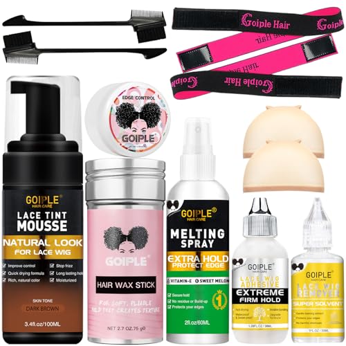 Lace Tint Melting Mousse for Wigs, Toupees, and Hairpieces - Natural Finishing Color and Glue Tool Set (Dark Brown)