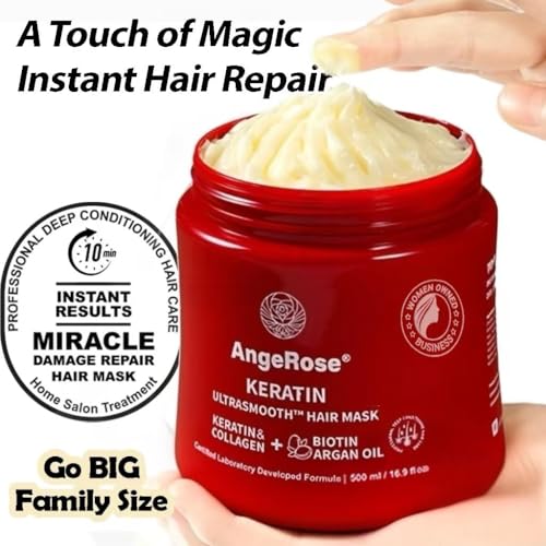 Keratin & Collagen Hair Mask with Argan Oil – Deep Repair Conditioner for Dry, Damaged Hair – Hydrating & Strengthening Treatment, 500ml (16.9 oz)