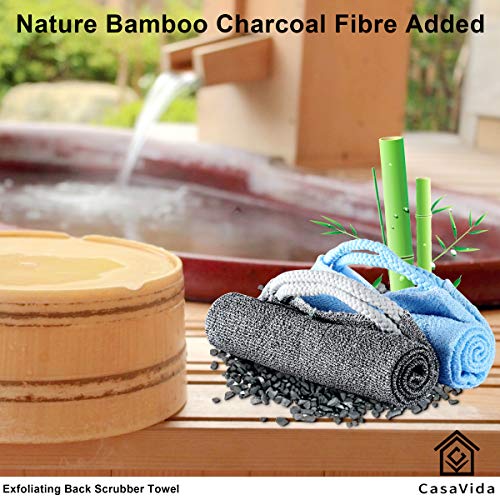 CASAVIDA Back Scrubber for Shower Nylon Bath Towel Washer Exfoliating Washcloth Rear Japanese Stretchable Strap Wash Cloth Body Exfoliation 2 Pack (Blue + Charcoal Gray)