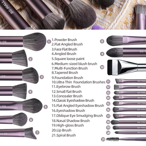 BS-MALL 21 Pcs Professional makeup brush set with foundation brush for liquid Makeup, eyeshadow Brush, concealer brush - Includes 6 Triangle Puffs & case for Even, Multi-purpose application (Purple)