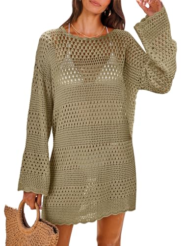 ANRABESS Women Swimsuit Crochet Swim Cover Up 2024 Summer Bathing Suit Swimwear Mesh Knit Beach Dress Vacation Outfits Khaki Small