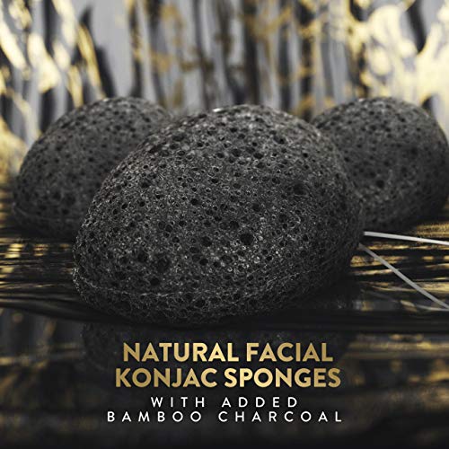 Konjac Sponge for Face | All Natural and Reusable | Konjac Facial Sponge with Activated Bamboo Charcoal | Gentle Exfoliating Sponge for Face | Cleaning for All Skin Types | Biodegradable - Black, 3pcs