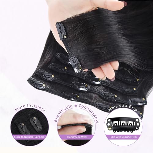Clip in Hair Extensions Real Human Hair,100% Brazilian Remy Human Hair Extensions for Women,1B Natural Black 8pcs Per Set with Double Weft,20inch 105g,Straight
