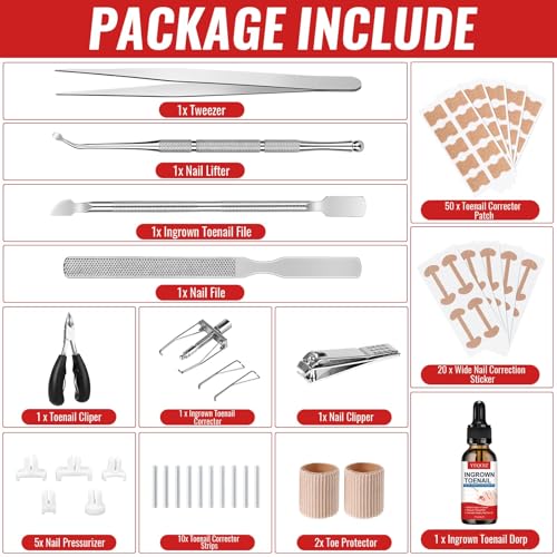 Ingrown Toenail Removal Kit, Ingrown Toenail Relief Tool Kit with Ingrown Toenail Corrector, Ingrown Toenail Drops, Corrector Patch, Toenail Clipper, Nail File Lifter Tools