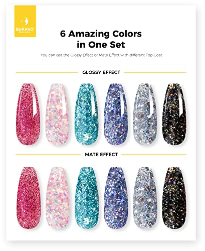 BURANO Poly Extension Gel Nail Kit, 6 Colors Nail Poly Nails Builder Gel Set for Beginner & Professional Using, DIY Starter Kit Nail Art Gift (glitter)