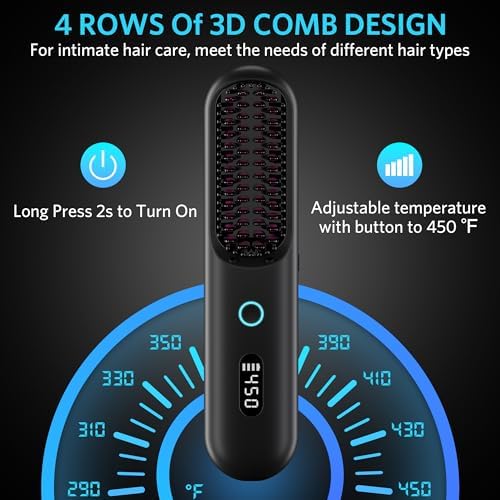 Cordless Hair Straightener Brush – Portable Ionic Hot Comb with 65W Fast Charger, Mini Travel Hair Straightening Brush for Women, Lightweight for On-The-Go Styling (Black)