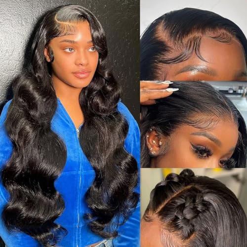 CITY GIRL Body Wave Lace Front Wigs Human Hair Pre Plucked 26 Inch 13x4 hd Transparent Lace Frontal Body Wave Human Hair Wig for Women 200 Density Natural Black