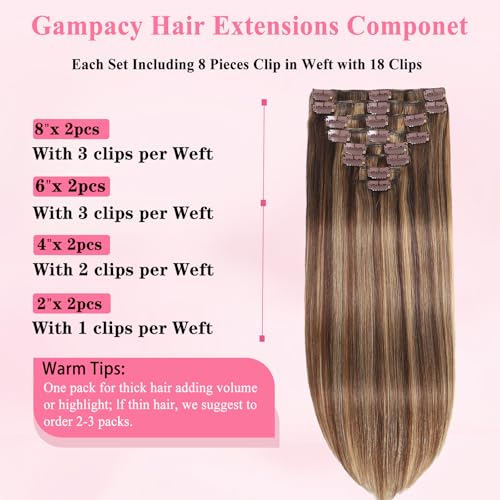 Clip in Hair Extensions Real Human Hair, Seamless Clip ins Real Human Hair for Women, Balayage Remy Human Hair Clip in Extensions, Double Weft 8pcs 16 inch Chocolate Brown to Caramel Blonde