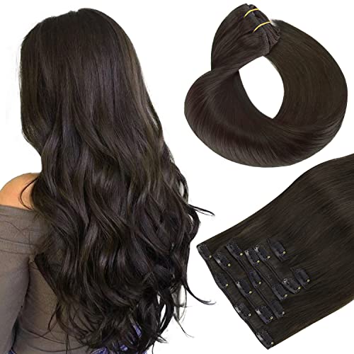 HOTBANANA Human Hair Clip in Hair Extensions, Dark Brown 120g Clip in Hair Extensions Real Human Hair Straight Remy Hair 14 Inch 7pcs