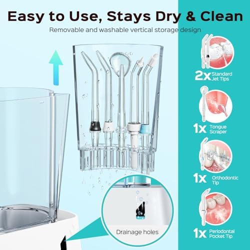 COSLUS Professional Water Flosser for Teeth: 2 Modes & 12 Pressure Settings Electric Dental Pick for Orthodontic, Braces, Sensitive Gums - Home Use, 5 Jet Tips for Multiple Users, Family, White, E2