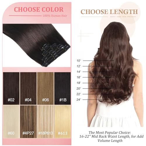 Clip in Hair Extensions Real Human Hair Clip in Extensions for Women Seamless Invisible Dark Brown Natural Remy 100% Human Clips ins Extension 8pcs Double Weft 16 inch 3.2oz/90g