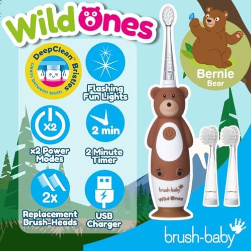 brush-baby - Kids Rechargeable Electric Toothbrush, 0-10 Years - WildOnes, Bear Design with Flashing Lights - DeepClean Bristles for Superior Clean - 2X Replacement Heads, 1x USB Cable