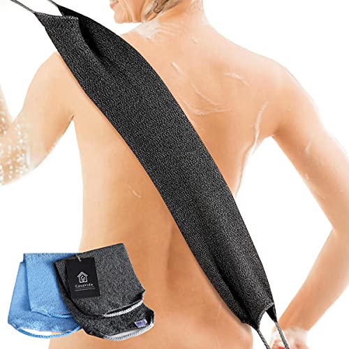 CASAVIDA Back Scrubber for Shower Nylon Bath Towel Washer Exfoliating Washcloth Rear Japanese Stretchable Strap Wash Cloth Body Exfoliation 2 Pack (Blue + Charcoal Gray)