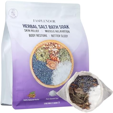 Chinese Herbal Bath Soak with Epsom Salt & Lavender, for Soothing Relief, Energy Rebalance & Stress Detox, Better Sleep– 5 Sachets (3.5 oz Each)
