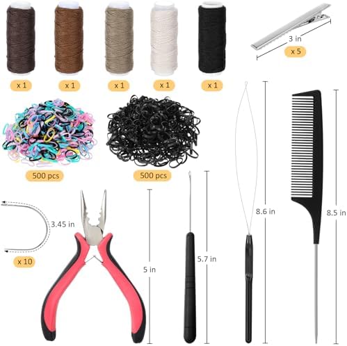 Hair Extension Tools Kit, 2500 Silicone Lined Micro Rings, 1 Plier, 1 Comb, 1 Threader, 1 Crochet Hook, 10 Curved Hair Needle, 5 Metal Hair Clips, 5 Rolls Sewing Threads, 1000 Mini Rubber Bands