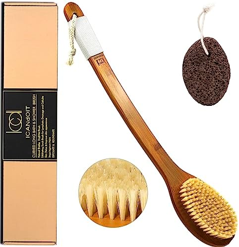 ICANdOIT-17.71Inch Natural Boar Bristles Anti-Slip Long Handle Bath Brush,Bent Handle Shower Scrubber for Exfoliating,Shower Back Brush,Exfoliation Set with Pumice Stone (1 Pack)
