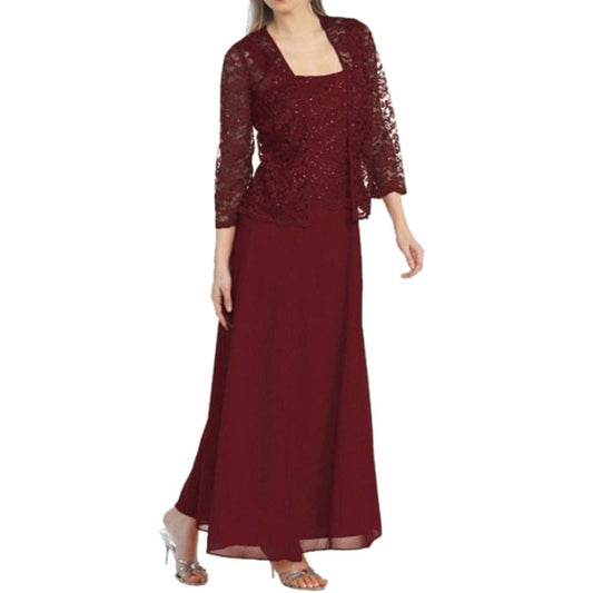 Aniywn Women Plus Size Two Piece Long Sleeve Party Dress Lace Solid Color Elegant Long Maxi Dress Mini Dress Wine