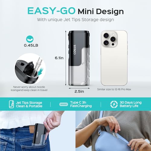 COSLUS Mini Water Flosser for Travel: Portable Compact Design, Cordless Oral Irrigator with 4 Modes, Removable Tank, IPX7 Waterproof for Braces, Orthodontic, Sensitive Teeth On-The-Go Use, Black, T40