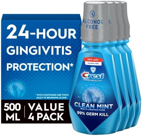Crest Pro-Health Clean Mint Mouthwash, CPC Antigingivitis/Antiplaque Mouthwash, 500 mL (16.9 Fl Oz ), Pack of 4, Crest Mouthwash, Gingivitis Treatment