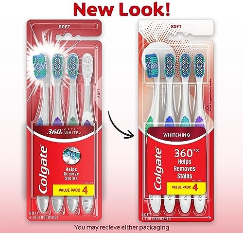 Colgate 360 Optic White Whitening Toothbrush, Adult Soft Toothbrush with Whitening Cups, Helps Whiten Teeth and Removes Odor Causing Bacteria, 4 Pack
