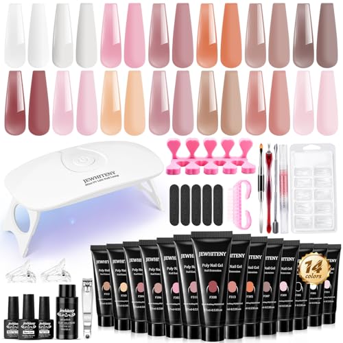 JEWHITENY Poly Extension Gel Nail Kit 14 PCS Poly Gel Kit with Slip Solution and Mini Lamp Nail Art Design Beginner