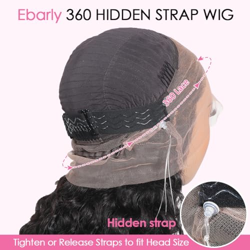Hidden Strap Water Wave 360 Glueless Wigs Human Hair Pre Plucked Pre Bleached Human Hair Wig With Drawstring 180 Density Wet and Wavy HD Full Lace Front Wigs Human Hair 26 inch