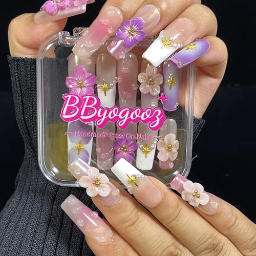 Handmade Press On Nails Medium/Long Square Pink 3D Sakura Design - Reusable French Acrylic Fake Nails with Gold Stars & Pearls, Luxury Cherry Blossom False Nails (Sakura, S)