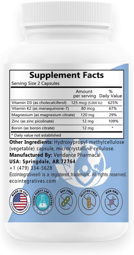 D3 Plus Boron Vitamin K2 Magnesium Zinc Supports Cardiovascular Nerves Muscles Bone Teeth Gums Immune Health Tissue Repair Balance Hormones Metabolism 60 Vegan caps