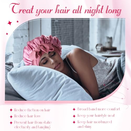 JaGely 4 Pcs Satin Bonnet for Sleeping Women Double Layer Tie Hair Bonnet Large 2 Layered Silk Sleeping Cap with 8 Pcs Hair Scrunchies(Pink Color)
