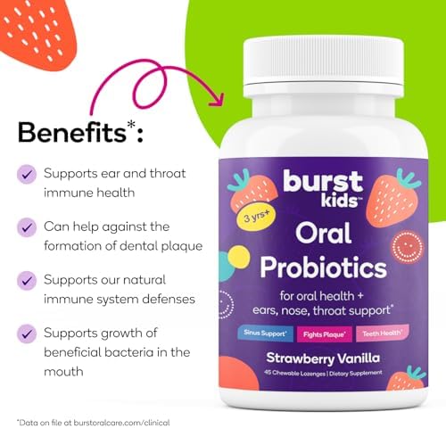 Burst Kids Probiotics (Strawberry Vanilla) | 45 Lozenges for Kids 3+ to Support Optimal Oral, Ear, Throat & Respiratory Health | 3 Billion CFUs | Safe Ingredients | Made in USA