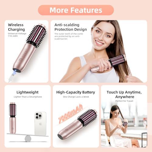 Cordless Curling Iron Brush, 1.5 Inch Mini Travel Hair Curler with 200 Million Negative Ions, Portable Heated Round Straightener Brush Rechargeable for Curl, Touch-Up, De-Frizz, Styling, Rose Gold