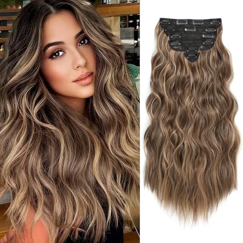 Clip in Hair Extensions for Women, 6PCS Long Wavy Curly Clip on Hair Extensions 20 Inch Honey Blonde Mixed Light Brown Synthetic Hairpieces