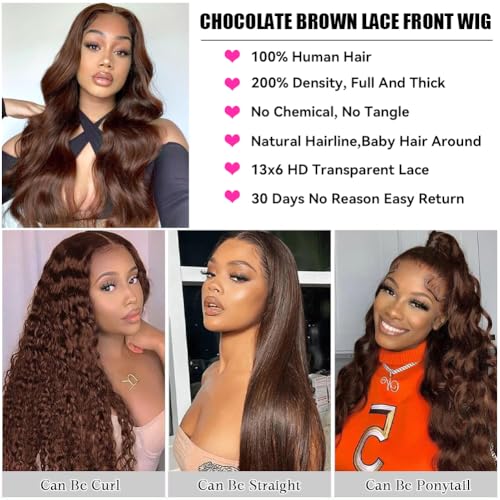 Chocolate Brown Lace Front Wig Human Hair 30 Inch 200% Density 13x6 Hd Transparent Body Wave Lace Front Brown Wigs Human Hair 4# Glueless Wigs for Women