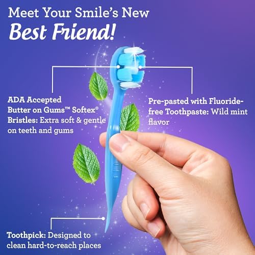 GuruNanda Ready-to-Go Disposable Mini Travel Toothbrushes - Butter on Gums Softex Bristles, Pre-Pasted Toothbrush & Toothpick - Fluoride-Free, No Rinsing Needed, 70 Ct